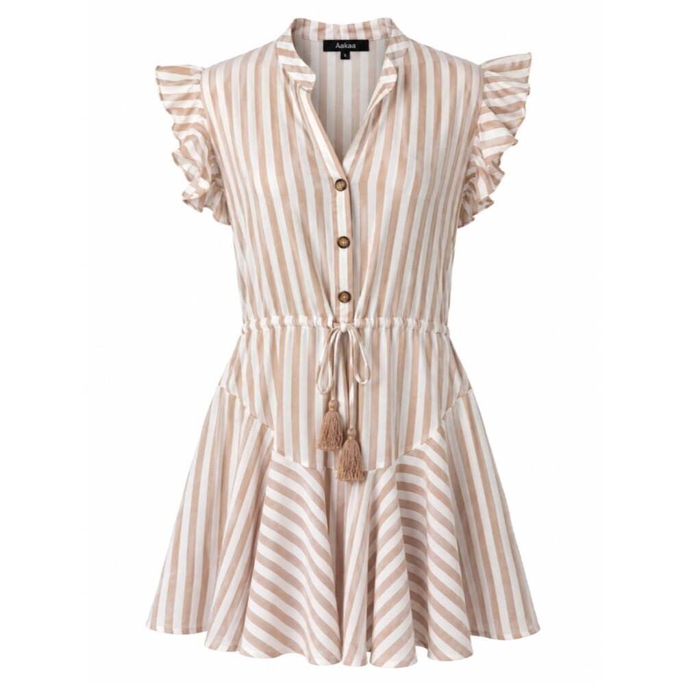Aakaa Tan and White Striped Ruffle Tassel Mini Dress Size S